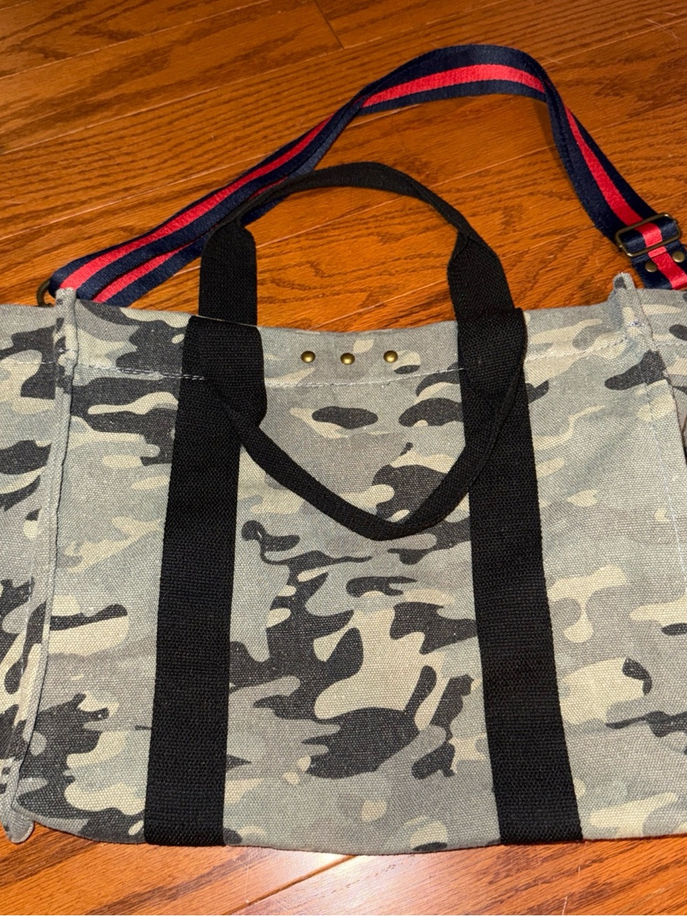 Camo Canvas Tote Bag with Striped Shoulder Strap - Gray Camo
